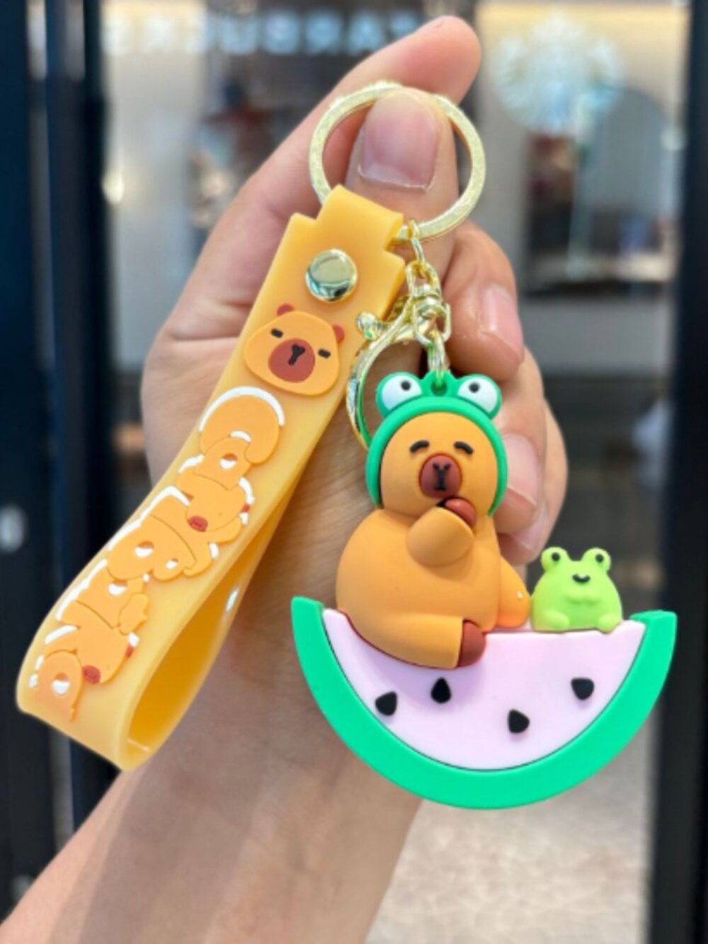 Capybara On Watermelon With Frog Keychain Cute Bag Charm Gift